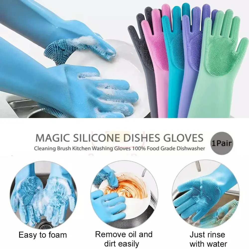 1/2PCS Dishwashing Cleaning Gloves Magic Silicone Rubber Dish Washing Glove  for Household Scrubber Kitchen Cleaning Scrub Gloves