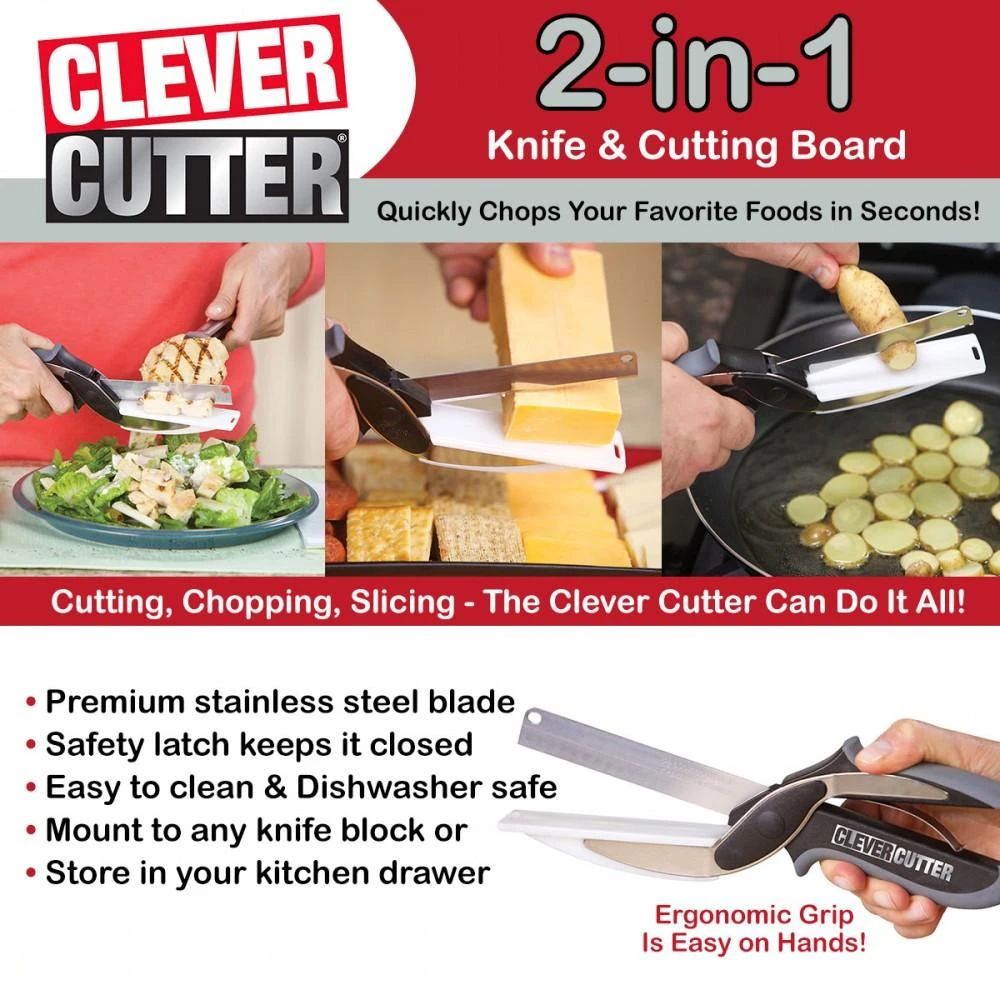 Multi-Function Smart 2 in 1 Clever Cutter Scissor Cutting Board Utility  Cutter Stainless Steel Smart Vegetable Knife.